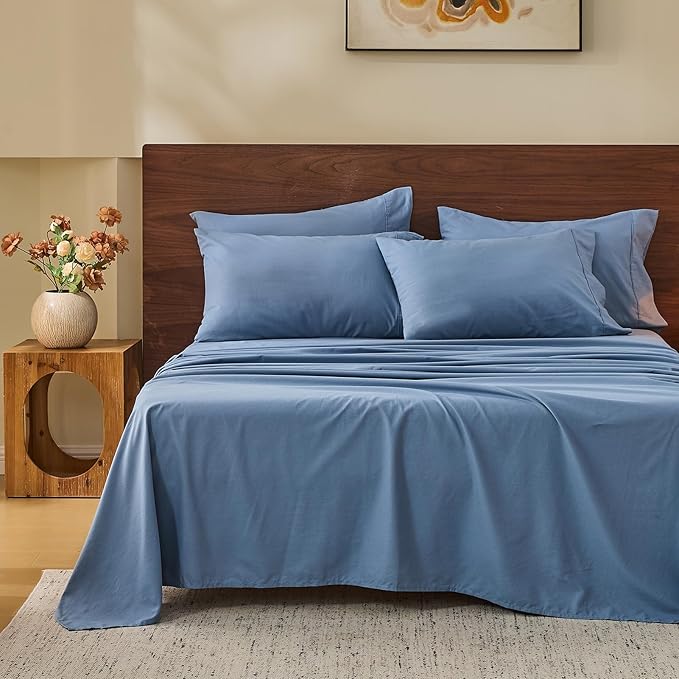 MEISHANG 100% French Pure Linen Sheets Queen Size - Bed Sheets 4 Piece Sets, Soft Durable Flax Linen, Anti-Tear Breathable Oeko-Tex Certified with 16" Deep Pocket (Dusty Blue)