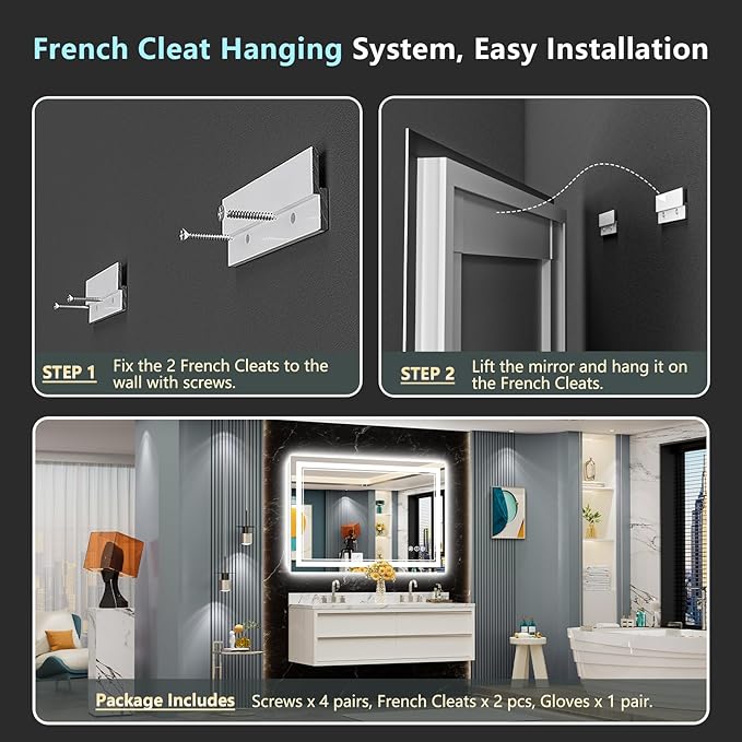48x30 LED Bathroom Mirror with Lights, Backlit + Front Lit, Anti-Fog Lighted Vanity Mirror for Bathroom Wall with 3 Colors, Dimmable, Memory, Shatter-Proof Tempered Glass, Horizontal/Vertical