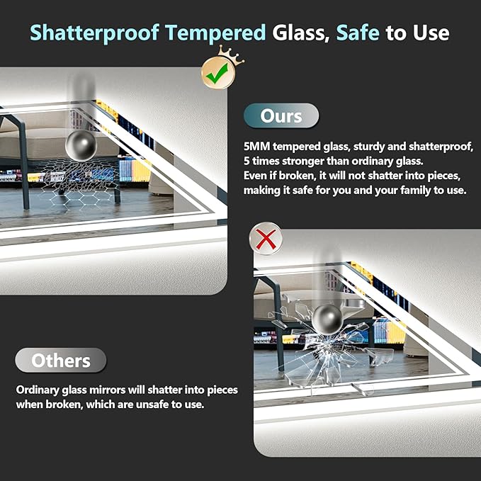 40x28 LED Bathroom Mirror with Lights, Backlit + Front Lit, Anti-Fog Lighted Vanity Mirror for Bathroom Wall, 3 Colors, Dimmable, Memory, HD Tempered Glass, Shatter-Proof, Horizontal/Vertical