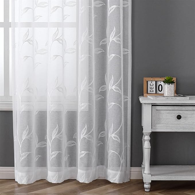 VISIONTEX White Sheer Curtains 95 Inches Long 2 Panels Set Embroidered Floral Leaf Pattern Rod Pocket Semi Sheer Voile Window Curtains/Drapes for Bedroom Living Room 54 x 95 Inches