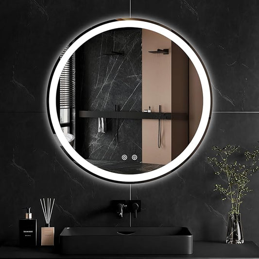 Sweetcrispy 30 Inch Round LED Bathroom Mirror with Lights, Circle Vanity Mirror with Anti-Fog, Dimmable, 3-Color Light, Memory Function, Tempered Glass