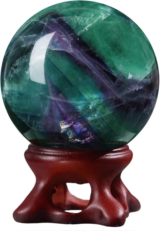 SUNYIK Natural Fluorite Ball Sphere with Resin Stand Polished Crystal Sphere Stone Figurine Decor for Home Office Tabletop, 1.6-1.9"(41-50mm)