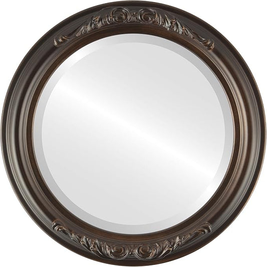 OVALCREST Round Beveled Wall Mirror for Home Decor - Florence Style - Rubbed Bronze - 28x28 Outside Dimensions