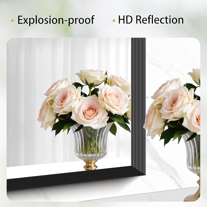 Black Bathroom Mirror 18 x 24 Inch Rectangle Wave Beveled Frame for Wall Bathroom Vanity Mirror for Over Sink, Tempered Glass,for Entryway Hangs, Bathroom Living Room Horizontal or Vertical