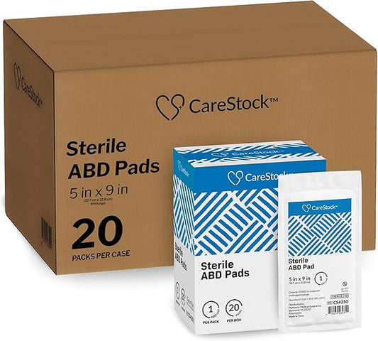 CareStock Abdominal Pads 5x9 in [400-Pack] Sterile ABD Pads, Extra Absorbent, Individually Wrapped, Wound Care First Aid, 20 Count, Pack of 20