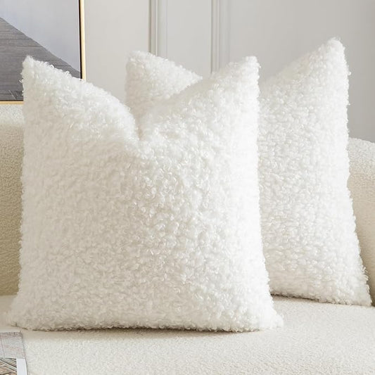 Yaertun Pack of 2 Faux Fur Throw Pillow Covers Decorative Sherpa Boucle Pillow Covers Fuzzy Soft Pillowcases Sheepskin Fleece Cushion Case for Couch Sofa Bed Living Room 26x26 Inch Cream White