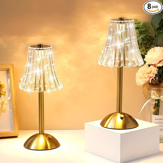 Liliful 8 Pcs Cordless Table Lamp Rechargeable Touch LED Small Gold Portable Battery Operated USB-c Desk Lamp 3 Color Dimmable for Bedroom Living Room Dining (Gold,Rose Style)