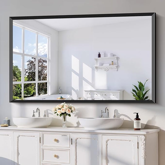 Black Bathroom Mirror 36 x 60 Inch Rectangle Wave Beveled Frame for Wall Bathroom Vanity Mirror for Over Sink, Tempered Glass,for Entryway Hangs, Bathroom Living Room Horizontal or Vertical
