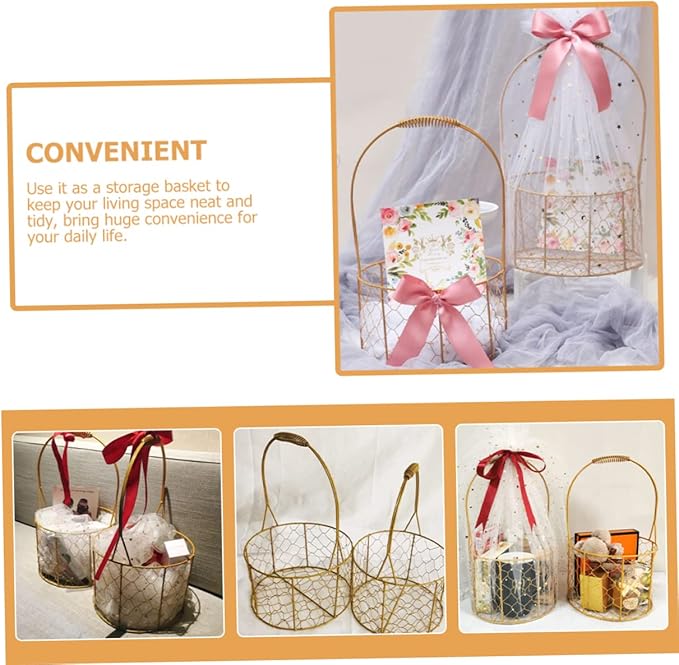 Round Wire Basket with Handle Decorative Storage Basket for Wedding Flower Girl Fruits Crafts Versatile Home Organizer for and Decor
