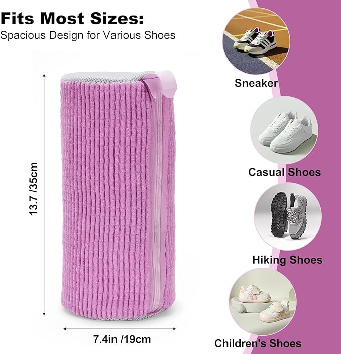 Shoe Washing Machine Bag - Laundry Shoe Bag (2-Pack) Includes 3 Laundry Bags, Reusable, Washer & Dryer Safe, 360° Deep Cleaning for All Shoe Types, Self-Locking Zipper(Purple)