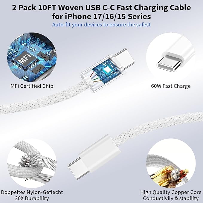 USB C Charger Block, 40W Dynamic Wall Charger with 60W Max, 2Pack Foldable Fast Type C Plug with 10FT Long USB C Charging Cable for iPhone 17 Pro Max/17 Pro/17/16/16 Pro Max/15 Pro Max/15,iPad Pro/Air