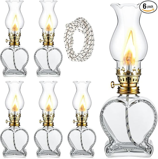 Yexiya 6 Set Vintage Glass Kerosene Lamp Rustic Oil Lamp Lantern Chamber Oil Clear Kerosene Hurricane with 6.6 ft Extra Wick for Indoor Use Lighting Decor Emergency (Heart Style)