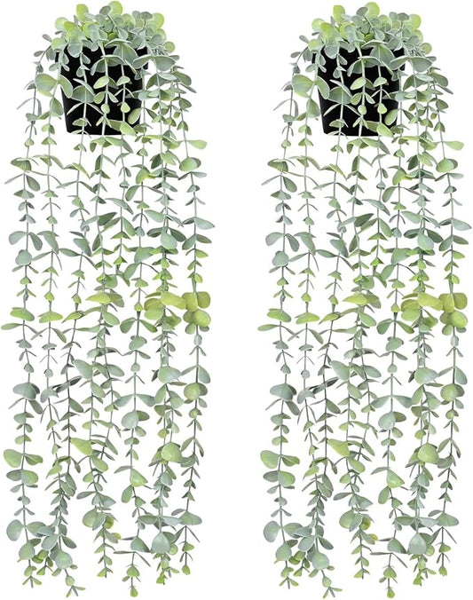 Waipfaru 2Pcs Fake Hanging Plants with Pot Light Green Eucalyptus Leaves UV Resistant Fake Vines Ivy Artificial Plants Outdoor Faux Plants Indoor Bedroom Living Room Boho Wall Porch Shelf Decor