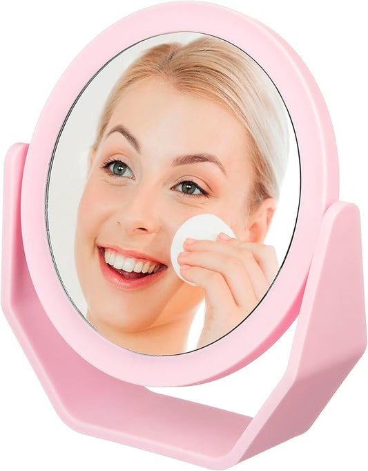 EXPRESSIONS Premium Soft Touch Rotating Mirror with 1x/2x Magnification - Round Pink Vanity Mirror, Handheld or Tabletop Mirror Magnification Makeup Mirror, Small Desk Mirror or Travel Mirror