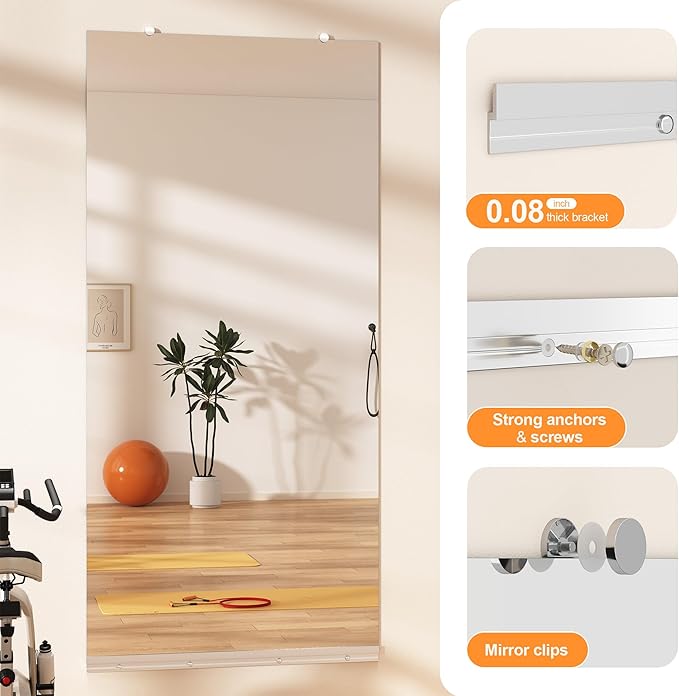 Hasipu Home Gym Mirror, 48"x24" Each, 3-Pack Frameless Wall Mounted Mirrors with Glass Clamps & 2 Aluminum Rail, Large Body Mirror for Home Gym, Yoga Studio, Bedroom, Silver Tempered Glass