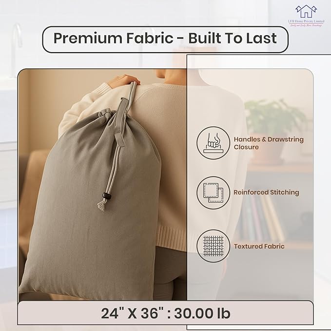 LFH Home Cotton Canvas Large Laundry Bag with Handle, Heavy Duty Drawstring Closure Washable Laundry Bags, School Travel, Home, Hotel, College Dorm, Organizer Sack, Toys Clothes 24x36 (Pack of 6)-Grey