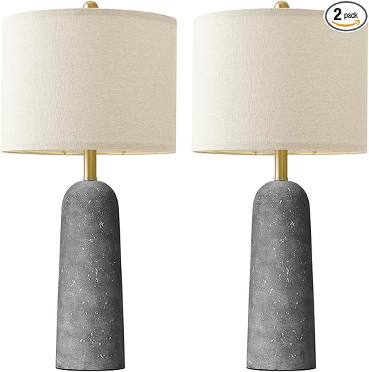 BOBOMOMO 27.25" Modern Table Lamp Set of 2, Gray Resin Lamp with Natural Stone Look, Lamps for Living Room with Linen Shades, Nightstand Lamp for Bedroom, Living Room, Entryway