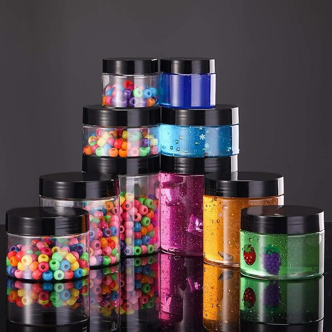 SATINIOR 12 Pack 6 oz Plastic Container Jars with Lids Round Clear Travel Cosmetic Container Slime Jars for Toiletries, Lotion, Cream, Ointments, Makeup, Rhinestone, Samples, Kitchen Storage(Black)