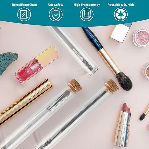 6pcs 100ml Glass Test Tube with Cork Stopper, 30 x 200mm Flat Bottom Storage Tube with Cap, 6 Holes Acrylic Rack, Plant Propagation Vase Set for Scientific Experiments Lab Candy Party Decor
