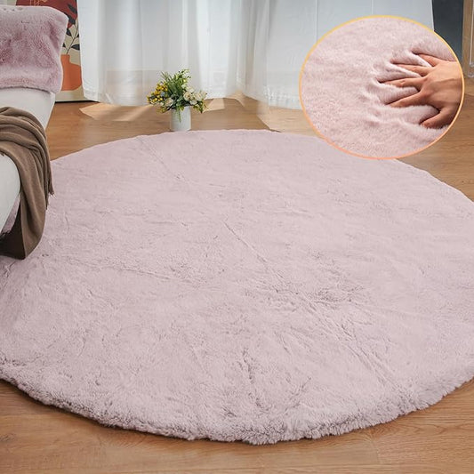 Pink Boho Round Rugs 8ft Large Fluffy Machine Washable Fuzzy Fur Area Rugs for Living Room Plush Circle Sheepskin Rugs for Bedroom Nursery Rug