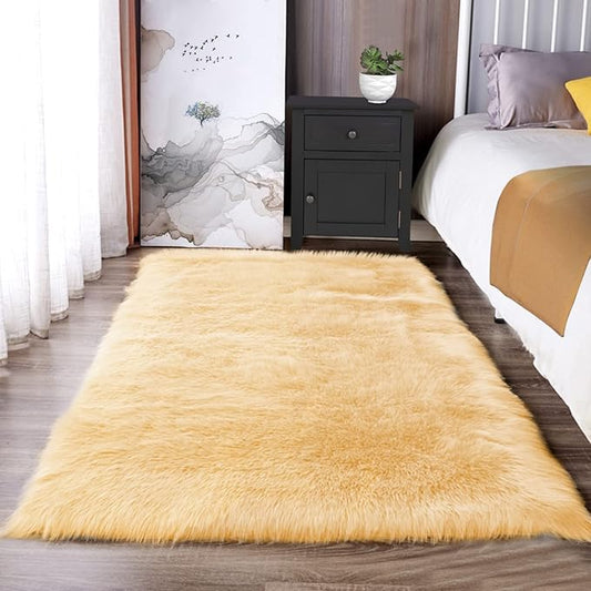 Latepis 3x4 Rugs Yellow Fur Rug Washable Faux Sheepskin Rug Shag Fluffy Rugs for Bedroom Cute Room Décor, Rectangle