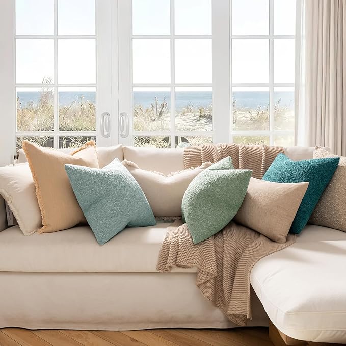 MIULEE 18x18 Inch Decorative Pillow Covers for Couch Bed Set of 2 Textured Boucle Neutral Winter Throw Pillows Aqua Blue Accent Solid Cushion Pillowcases Sofa Livingroom Home Decor