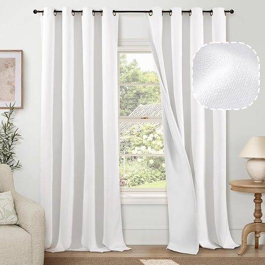 Blackout Curtains for Living Room 95 Inch Length 2 Panels Set, Thermal Insulated 100% Black Out Privacy Soundproof Grommet Farmhouse Linen Window Curtains for Bedroom Darkening, White, Each 52”Wide