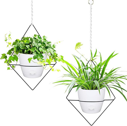 Hanging Planters for Indoor Plants, 2 Set Self Watering Hanging Flower Pots, Modern Hanging Plant Baskets with Metal Plant Holder & 6.5 Inch Plastic Pots for Garden Home Decor (White)