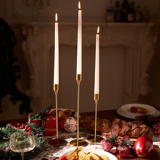 Solid Taper Candle Holders Set of 15 Bulk, Vintage Brass Long Skinny Candlestick (Heights: 9/11/13 Inch), Heavy Iron Anti-Slip Base for Fireplace Mantle Table Centerpiece Wedding Decor