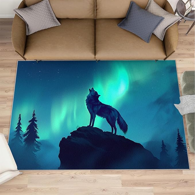 Wolf 4x6 Area Rugs for Living Room -Forest Washable Rug Aurora Non-Slip Carpet Indoor Floor Stain Resistant Thin Carpets for Bedroom Dining Room Home Office