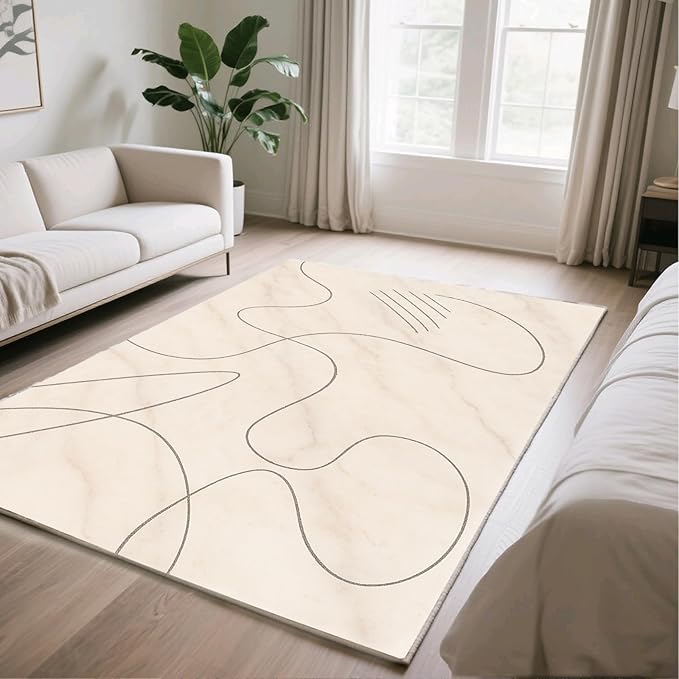 Modern Marble Rug - 4x5 Rug, Abstract Line Marble Area Rugs, Minimalist Geometry Outdoor Rugs, Washable & Non Slip Carpet Home Decor