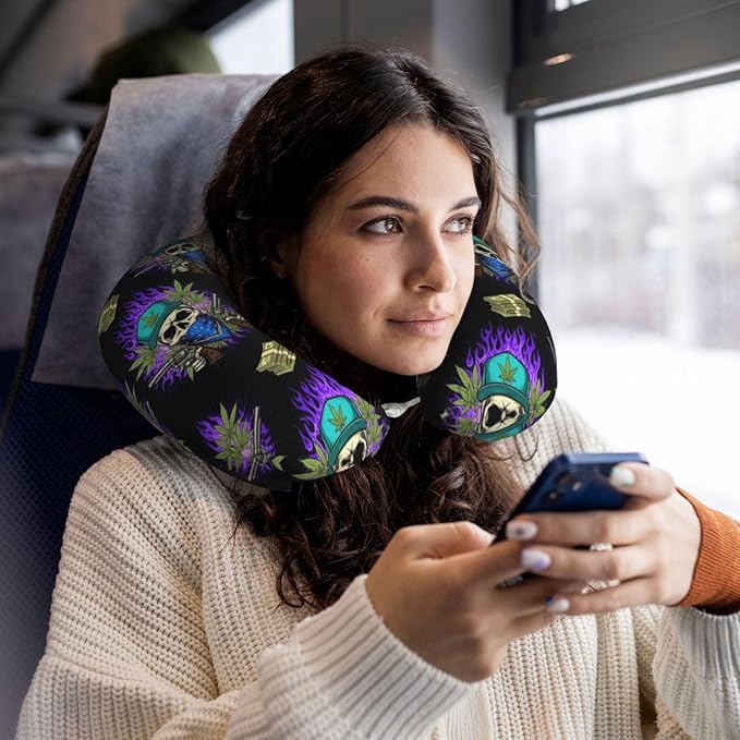 Travel Pillow Chin Neck Support, Comfortable Airplane Car Pillows for Rest, Memory Foam U Shaped Office Home Nap Sleeping Cushion Purple Fire Weedleaf Dollars Skull Skeleton
