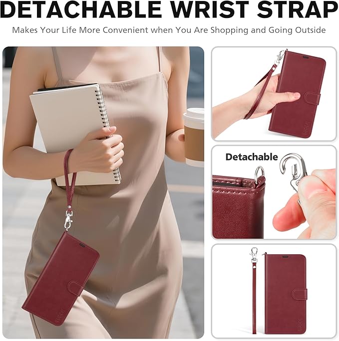 TUCCH Case Wallet for iPhone 17 Pro (6.3-Inch) 2025, Wrist Strap | Stand | RFID Blocking | 4 Card Holders | TPU Shockproof Inner Shell | PU Leather | Magnetic Folio Cover | Dark Red