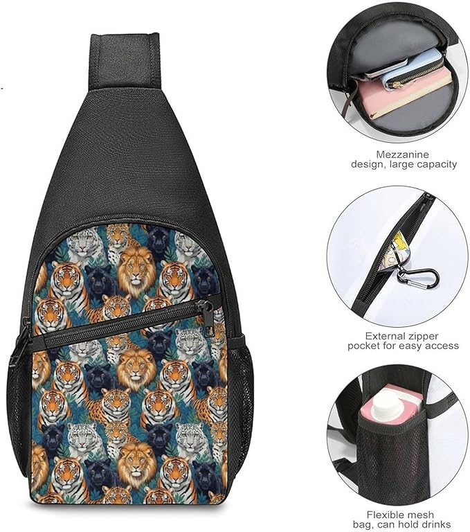 SWEET TANG Cool Sling Backpack Tiger Panther Leopard Lion, Lightweight Sling Shoulder Bag, Outdoor Chest Crossbody Bike Gym Runner Daypack with Adjustable Strap for Men Women