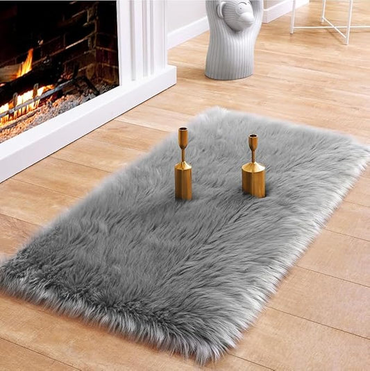 Ciicool Grey Fur Fluffy Rug, 2x4 ft Small Faux Fur Rugs for Bedroom, Washable Faux Sheepskin Carpet for Sofa Couch Seat Cushion, Thick Shaggy Furry Rugs Floor Carpets for Bedside Living Room