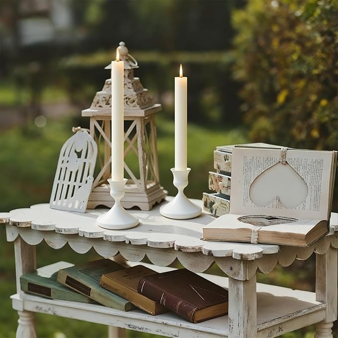 Candle Holders White Set of 6, Vintage Metal Candlestick Holders for Dinner Room Table Centerpiece, Low Metal Candles Sticks for Wedding Centerpieces Christmas Birthday Party (6, White)