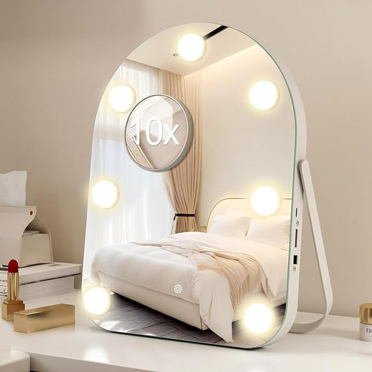 STARLEAD 11"× 14.5" Makeup Mirror with Lights and 10X Magnification, 3-Color Dimmable LED Lighting & Touch Control, 360°Rotation for Travel/Dressing Room, Arched & Bulb