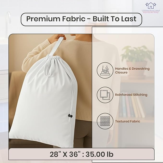 LFH Home Cotton Canvas Large Laundry Bag with Handle, Heavy Duty Drawstring Closure Washable Laundry Bags, School Travel, Home, Hotel, College Dorm, Organizer Sack, Toy Clothes 28x36 (Pack of 4)-White