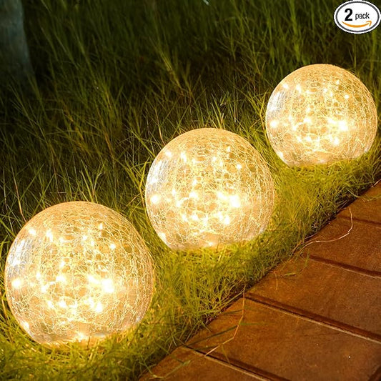 Outdoor Waterproof IP65 Solar Globe Lights, Led Solar Light Balls for Lawn Garden Patio Table Art Decoration, Yard Landscape Illuminated Cracked Glass Sphere Gazing Ball Lights, Round Ornaments Orbs