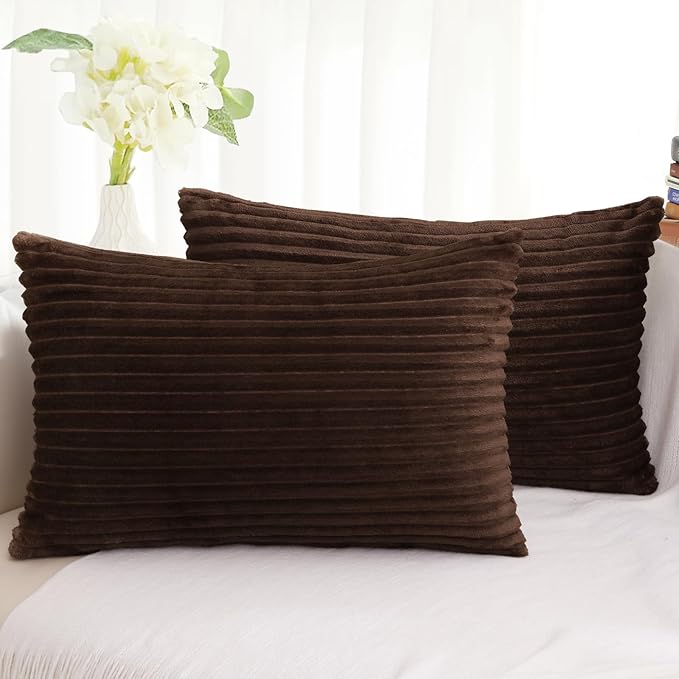 Simmore Decorative Spring Throw Pillow Covers 12x20 Set of 2, Soft Natural Plush Flannel Double-Sided Fluffy Lumbar Pillow Covers for Couch Sofa Living Room, Brown