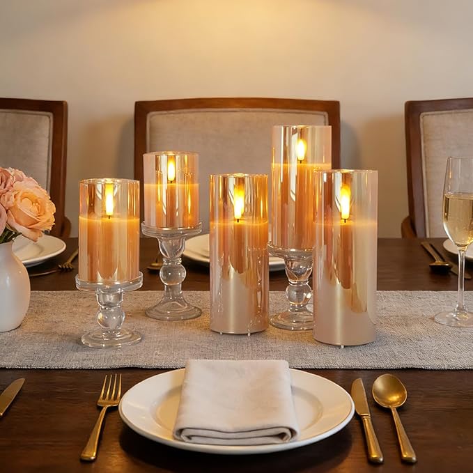 Rechargeable Flameless Candle, Flashing LED Pillar Real Wax Candle with Remote Control and Timer, Gold Glass Electronic Candle, 1 Set of 5（Gold）