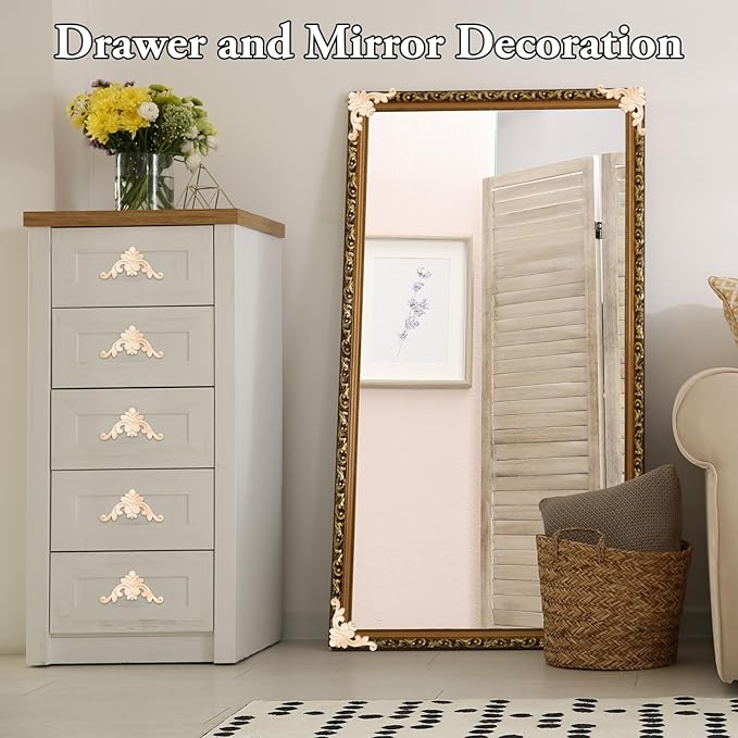 20 Pcs Wood Applique Corner Onlay Decorative Wood Applique DIY Wooden Carved Corner Unpainted Wooden Carved Decals Carving Decal for Furniture Wall Cupboard Bed Cabinet(Classic Style)