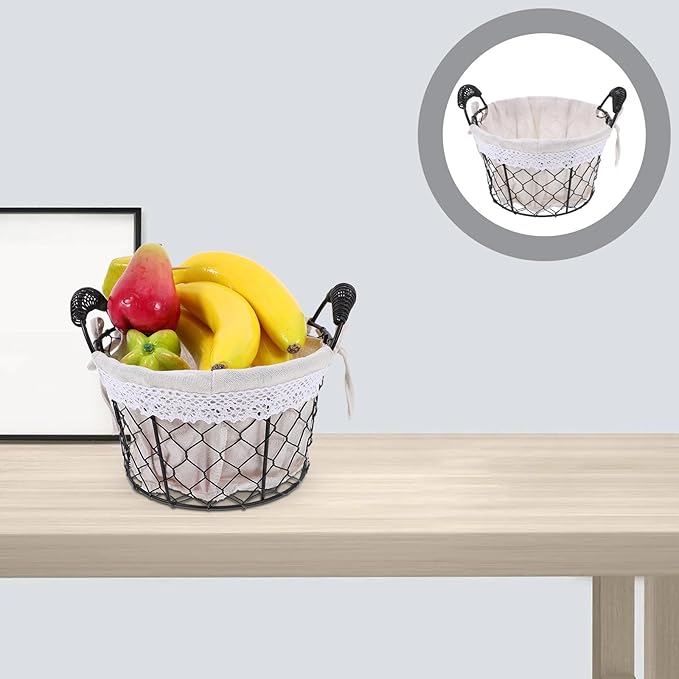 Wire Storage Basket with Handle and Fabric Liner Rustic Metal Bread and Fruit Basket for Kitchen Pantry Organization for Serving and Storage