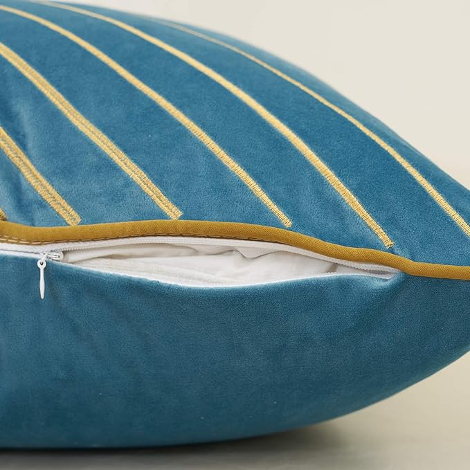Avigers 18 x 18 Inch Grey Blue Gold Striped Geometric Lines Embroidery Velvet Cushion Case Luxury Modern Throw Pillow Cover Decorative Pillow for Couch Living Room Bedroom Car 45 x 45cm