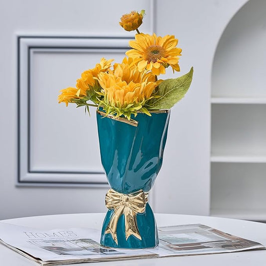 Bow Vase for Home Decor, Gold Vase for Boho Style, 9.65 Inch Large Vases for Ideal Table Decor, Living Room. Ceramic Flower Vases. （Glazed Exterior and Interior） (Green, Large)