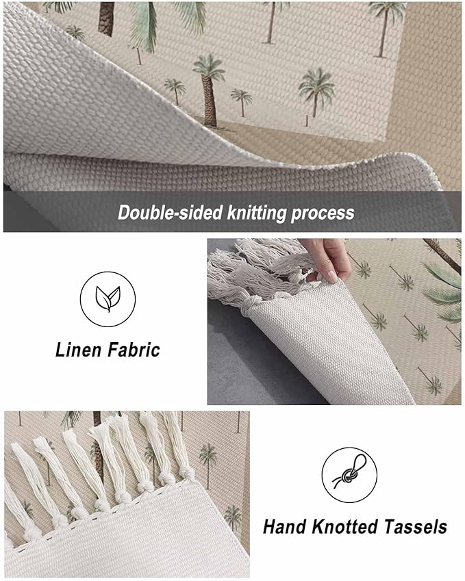 Tropical Palm Tree Runner Rug 3X5 Ft Bedroom Area Rug, Washable Woven Brown Summer Beach Plant Throw Carpet with Tassel, Non-Shedding Farmhouse Retro Green Botanical Dining Room Living Room Carpets