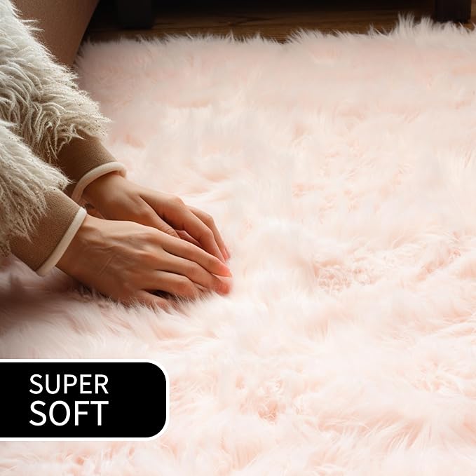 Super Area Rugs Ultra Soft & Fluffy Faux Sheepskin Rug, Light Pink 4 x 6 Feet Sheepskin Carpet for Bedroom Living Room