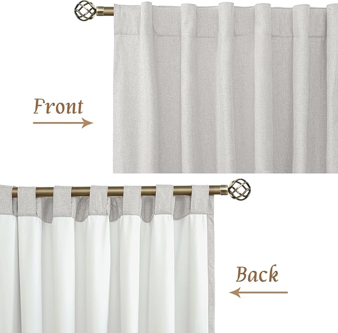 LAMIT Natural 100% Blackout Linen Curtains, 54 Inches Linen Textured Thermal Bedroom Curtains Back Tab and Rod Pocket Neutral Panels with White Liner for Farmhouse, 2 Panels, 42 x 54 Inch, Light Grey