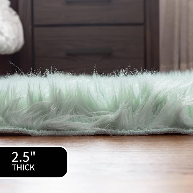 3 x 5 ft Fluffy Mint Green Rug – Plush Faux Fur Carpet for Bedroom, Living Room, or Entryway – Faux Sheepskin Area Rug for Stylish Decor