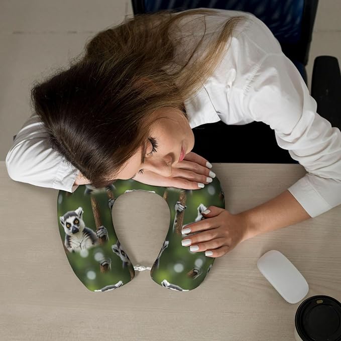 Comfortable Memory Foam Neck Pillow Lemur, Travel U Shaped Airplane/Car/Flight Pillows with Removable Zipper Cover, Chin Head Neck Support Cushion